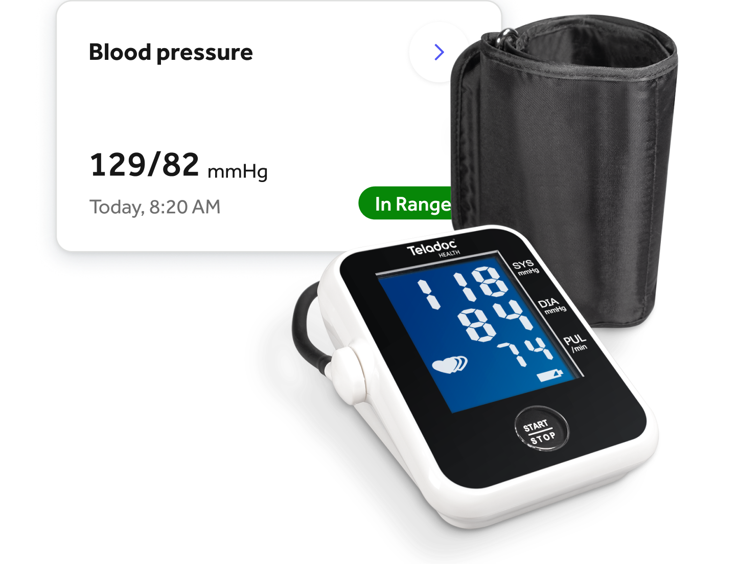 Teladoc Health blood pressure monitor and cuff with app program app ui