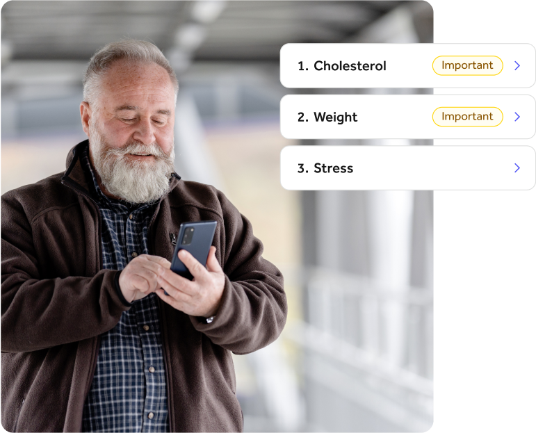 Elderly man smiling and using his phone, with an overlay of app UI showing tiles for Cholesterol, Weight, and Stress.