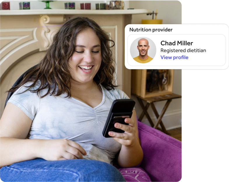 Alt text: Woman smiling at her computer on a purple couch, with an overlay of the Nutrition provider profile for Chad Miller, a registered dietitian.