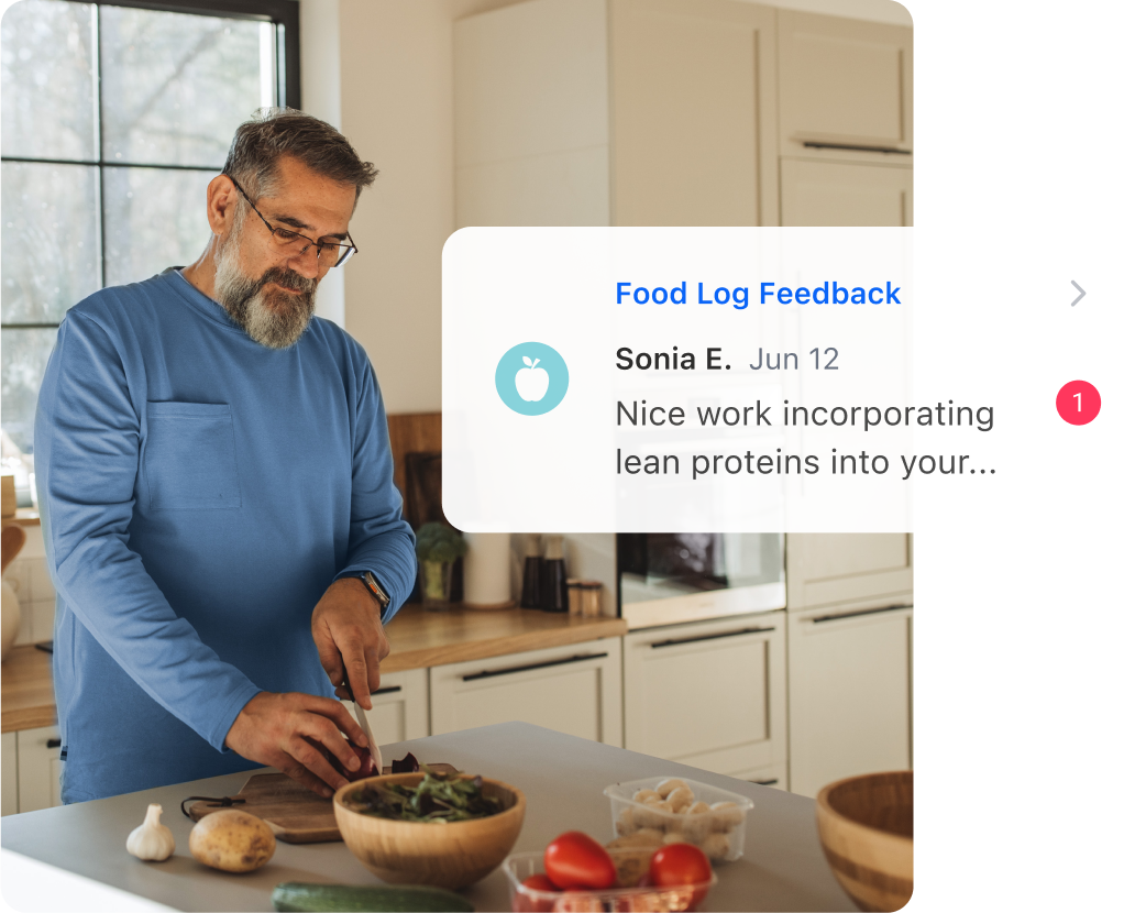 Graphic showing an elderly man in a blue shirt cutting up food, with an overlay of the Teladoc Health app's Food Log feedback message.