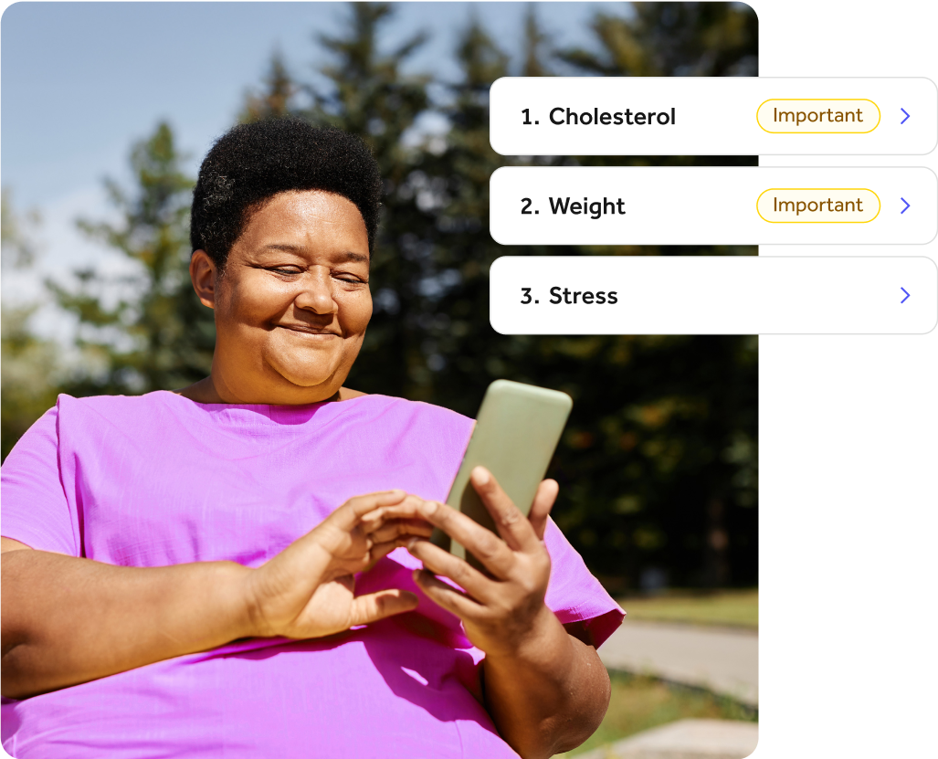 Elderly woman in a purple shirt smiling and using her phone, with an overlay of app UI showing tiles for Cholesterol, Weight, and Stress.
