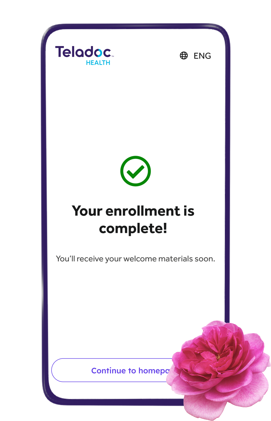 phone screen of the Teladoc Health registration flow showing a green checkmark that the registration is complete